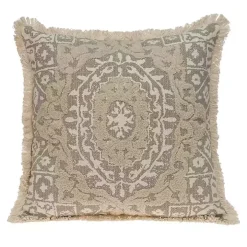 Gray and Tan Medallion Fringe Pillow