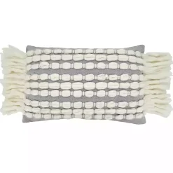 Gray and White Chunky Fringe Lumbar Pillow