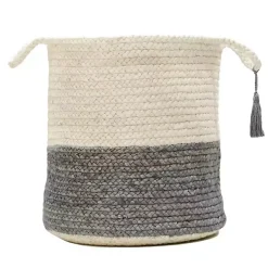 Gray and White Woven Basket with Tassel, 17 in.