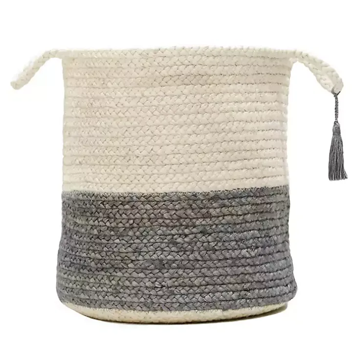 Gray and White Woven Basket with Tassel, 17 in.