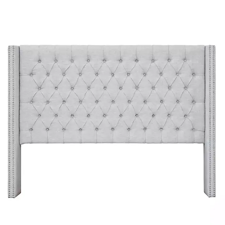 Gray Button Tufted Nailhead Trim Queen Headboard