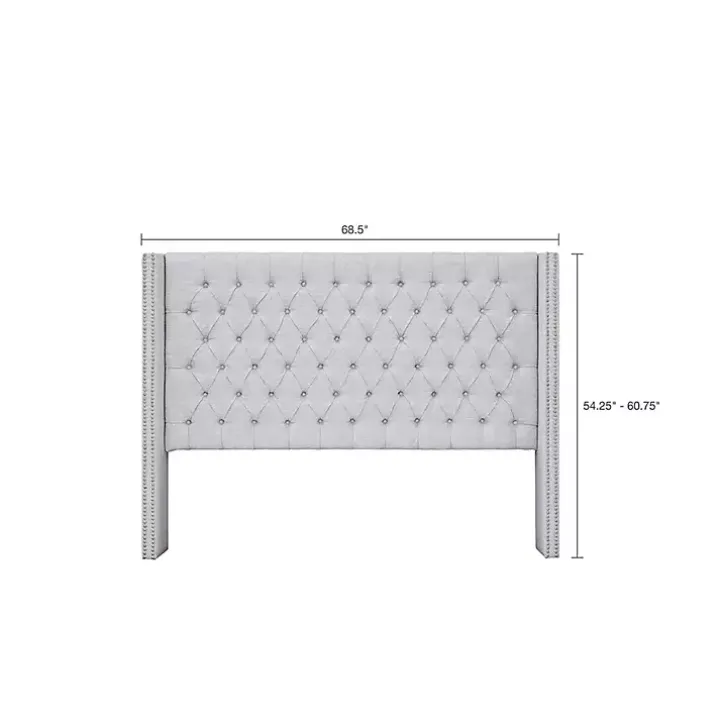 Gray Button Tufted Nailhead Trim Queen Headboard