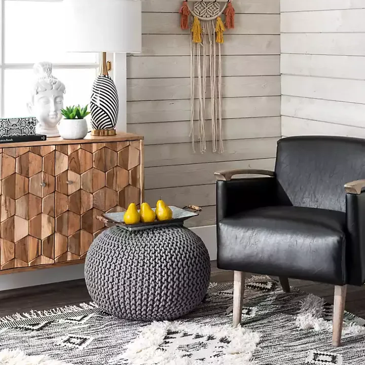 Gray Chain Knitted Round Pouf