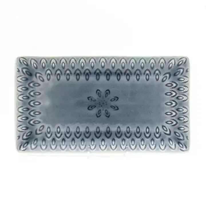 Gray Crackle Glaze Peacock Rectangular Platter