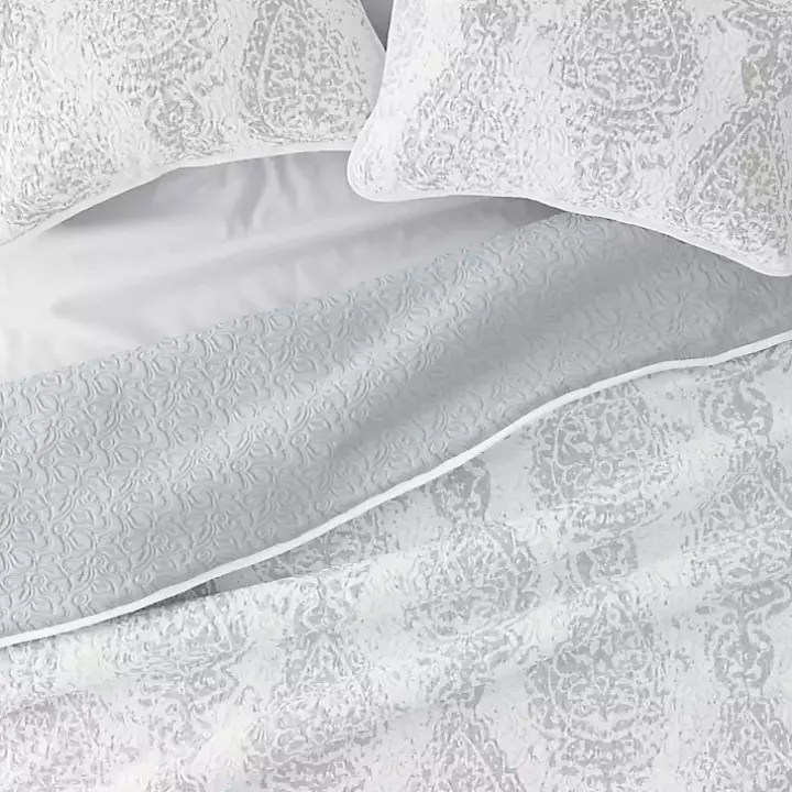 Gray Damask Reversible 3-pc. Queen Quilt Set