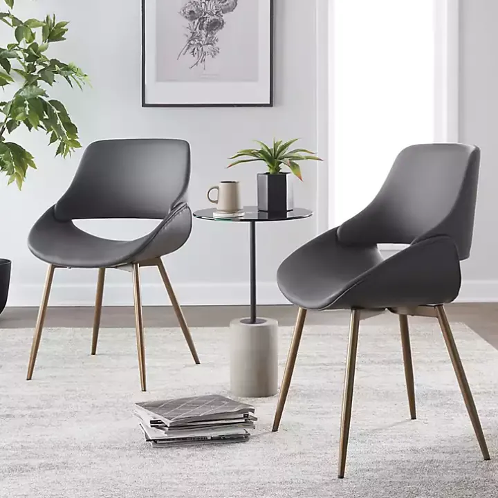 Gray Faux Leather Scooped Accent Chairs, Set of 2