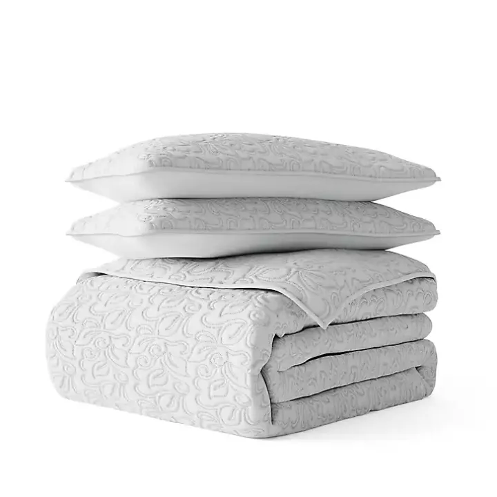 Gray Floral Stitch 3-pc. Queen Quilt Set