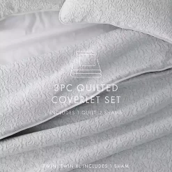 Gray Floral Stitch 3-pc. Queen Quilt Set