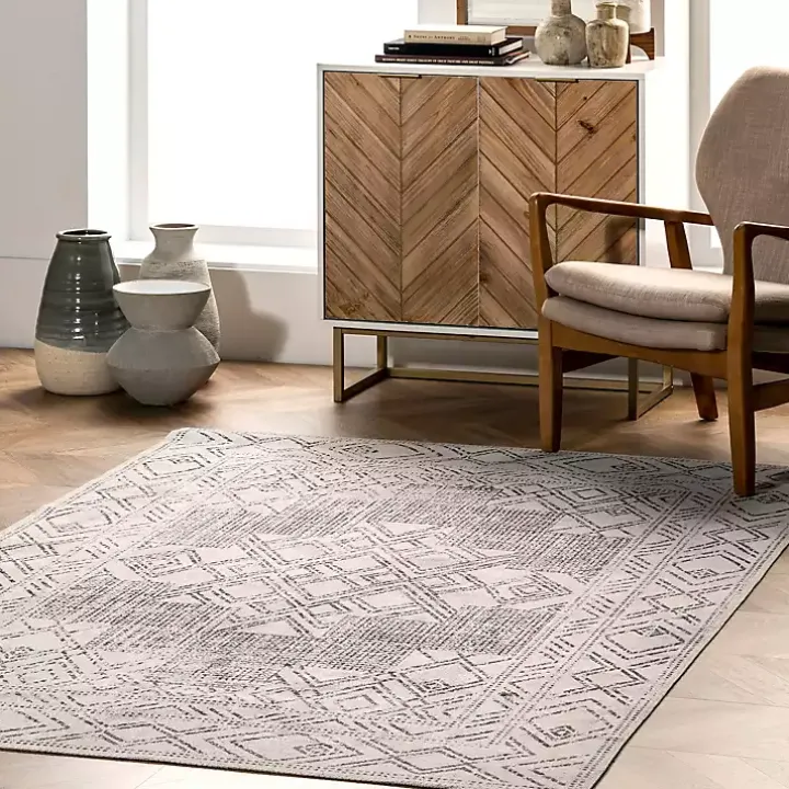 Gray Geometric Medallion Washable Area Rug, 4x6
