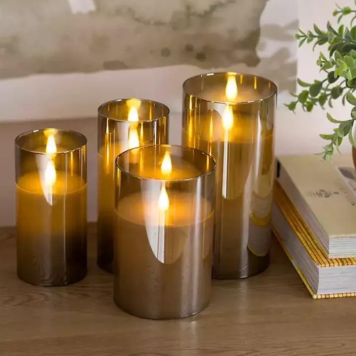 Gray LED Soft Flame Glass Pillar Candle, 3x7 in.