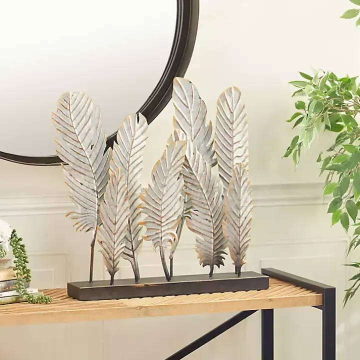 Gray Metal Distressed Feathers Sculpture with Base