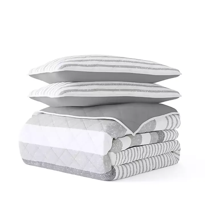 Gray Striped Reversible 3-pc. King Quilt Set