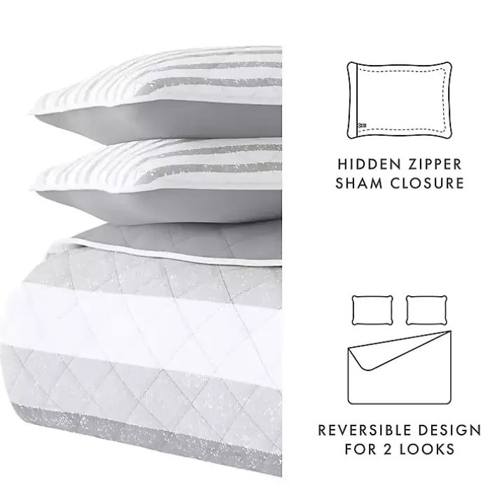 Gray Striped Reversible 3-pc. King Quilt Set