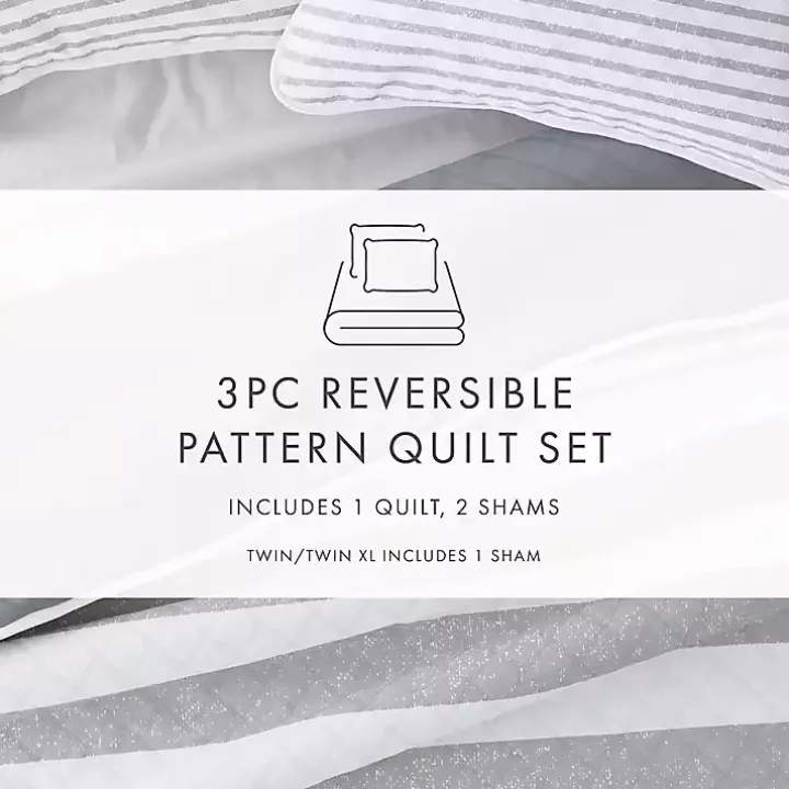Gray Striped Reversible 3-pc. King Quilt Set