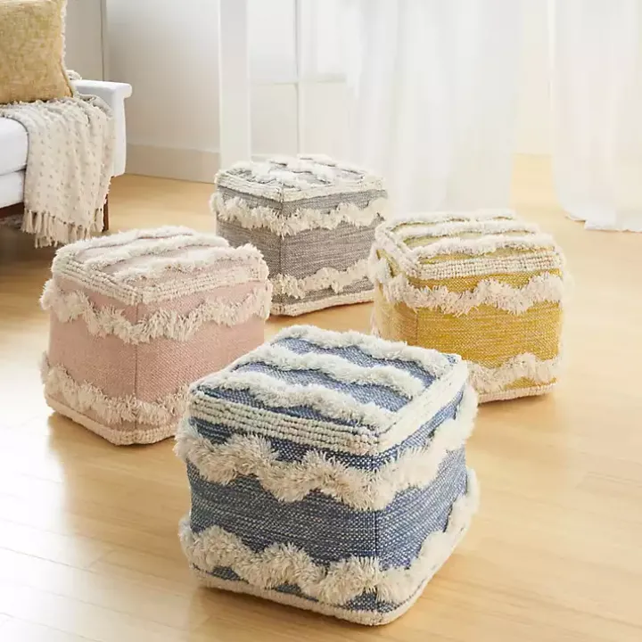 Gray Tufted Chevron Cube Pouf