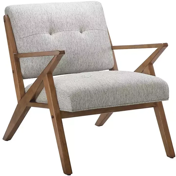 Gray Tufted Pecan Wood Mid-Century Modern Armchair