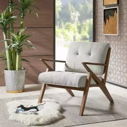 Gray Tufted Pecan Wood Mid-Century Modern Armchair