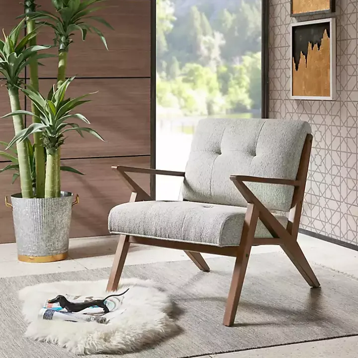 Gray Tufted Pecan Wood Mid-Century Modern Armchair
