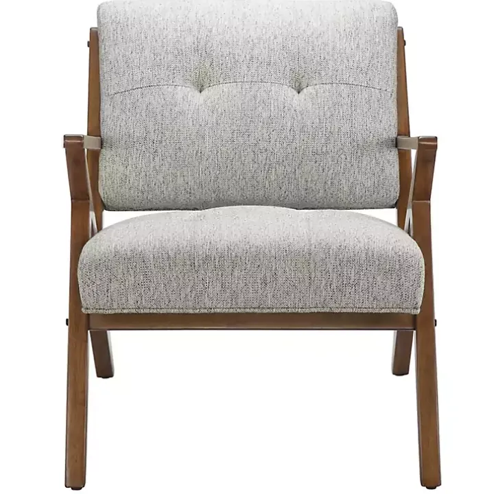 Gray Tufted Pecan Wood Mid-Century Modern Armchair