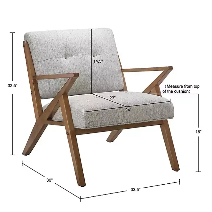 Gray Tufted Pecan Wood Mid-Century Modern Armchair