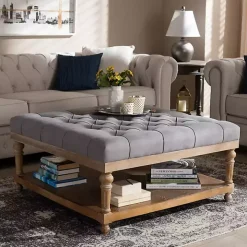 Gray Upholstered Linen Tufted Ottoman with Shelf