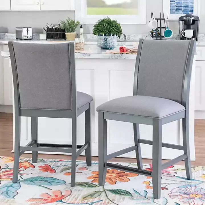Gray Wood Upholstered Counter Stools, Set of 2