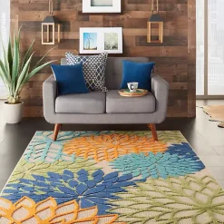 Green and Blue Floral Burst Outdoor Area Rug, 6x9