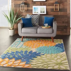 Green and Blue Floral Burst Outdoor Area Rug, 6x9