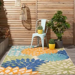 Green and Blue Floral Burst Outdoor Area Rug, 6x9
