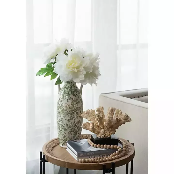 Green and White Floral Ceramic Vase, 15.6 in.