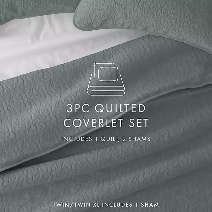 Green Stitched Floral 3-pc. Queen Quilt Set