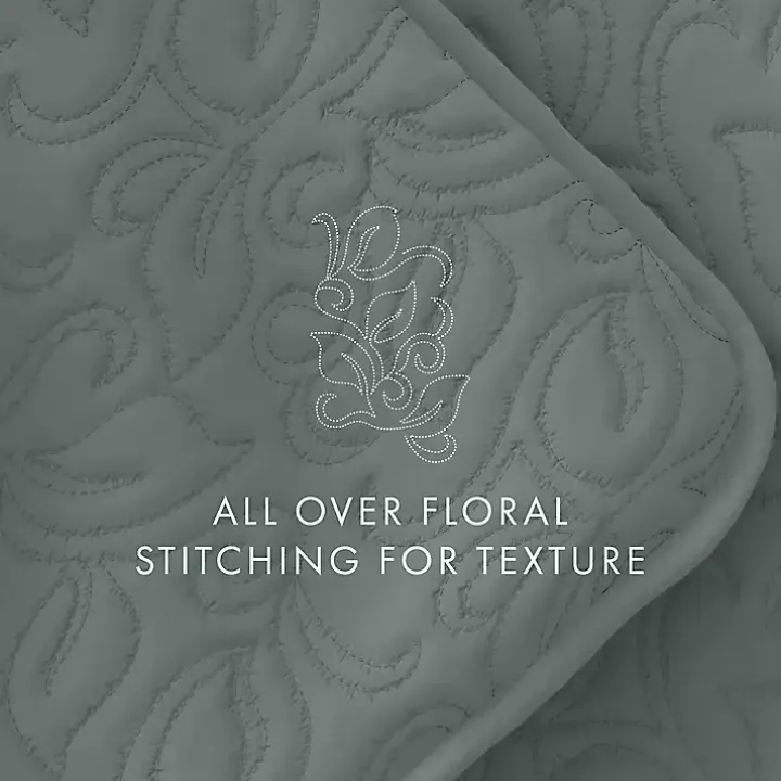 Green Stitched Floral 3-pc. Queen Quilt Set