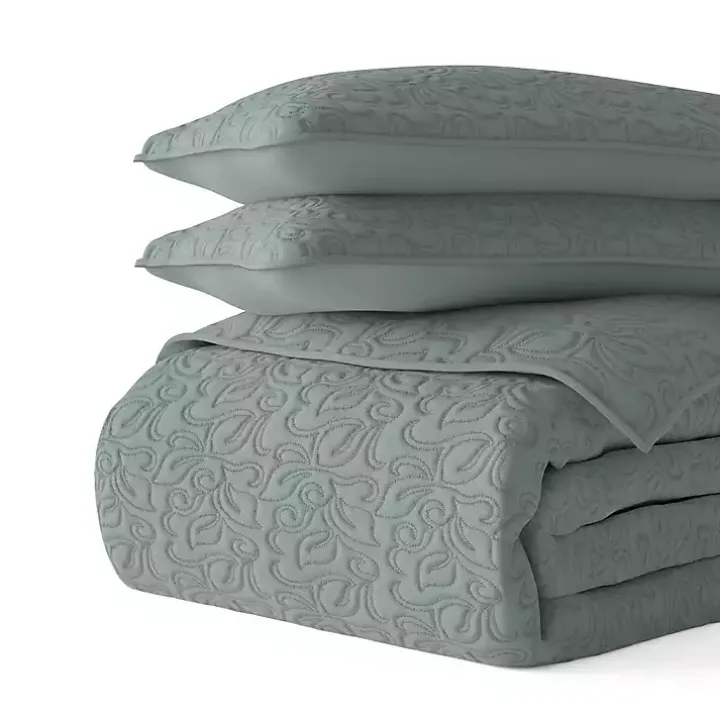 Green Stitched Floral 3-pc. King Quilt Set