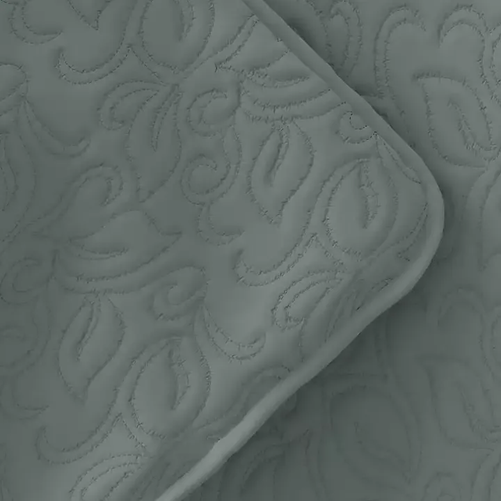 Green Stitched Floral 3-pc. King Quilt Set