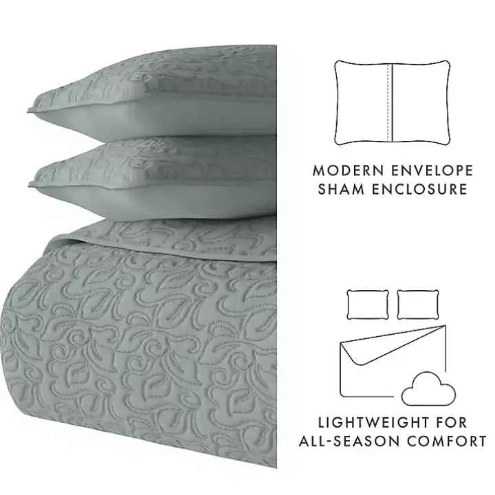 Green Stitched Floral 3-pc. King Quilt Set