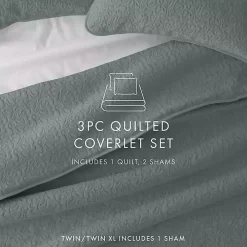 Green Stitched Floral 3-pc. King Quilt Set