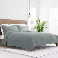 Green Stitched Stripes 3-pc. Queen Quilt Set