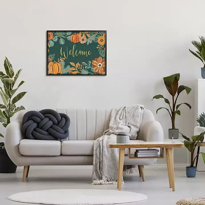 Green Welcome Pumpkin Floral Framed Wall Art