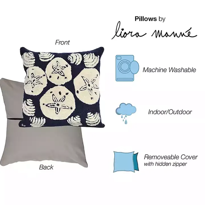 Handhooked Navy Sand Dollar Outdoor Throw Pillow
