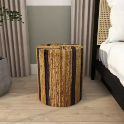 Handmade Round Banana Leaf Striped Accent Table