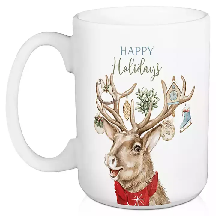 Holiday Deer & Snowflakes Christmas Mugs, Set of 2