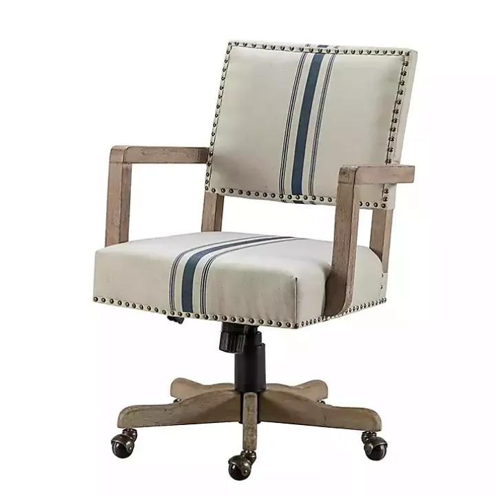 Ivory and Blue Stripe Natural Wood Office Chair
