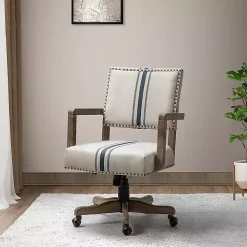 Ivory and Blue Stripe Natural Wood Office Chair