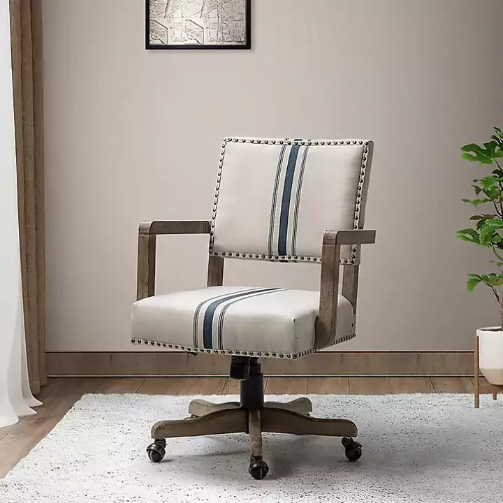 Ivory and Blue Stripe Natural Wood Office Chair