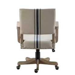 Ivory and Blue Stripe Natural Wood Office Chair