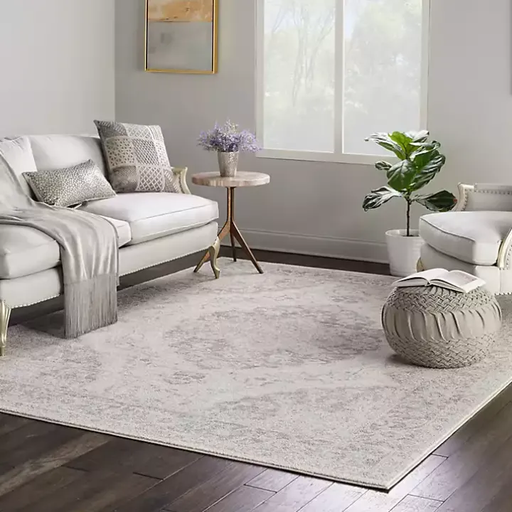 Ivory and Gray Oushak Medallion Area Rug, 8x10