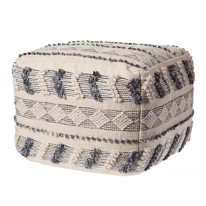 Ivory and Navy Textured Stripe Pouf