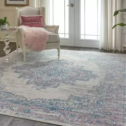 Ivory and Pink Central Medallion Area Rug, 7x9
