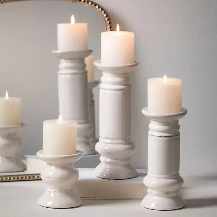 Ivory Ceramic Column Pillar Holders, Set of 3