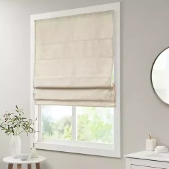 Ivory Faux Silk Room Darkening Roman Shade, 33 in.
